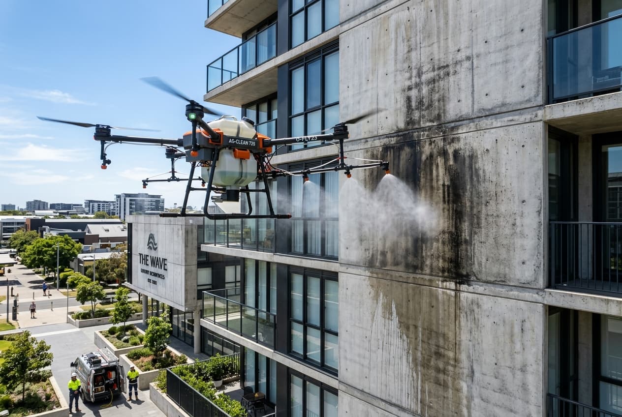 Illustration de Nettoyage de façade par drone