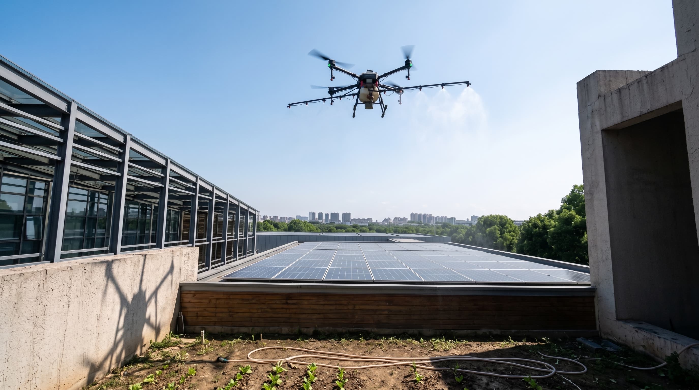 Illustration de Nettoyage de panneaux solaires par drone