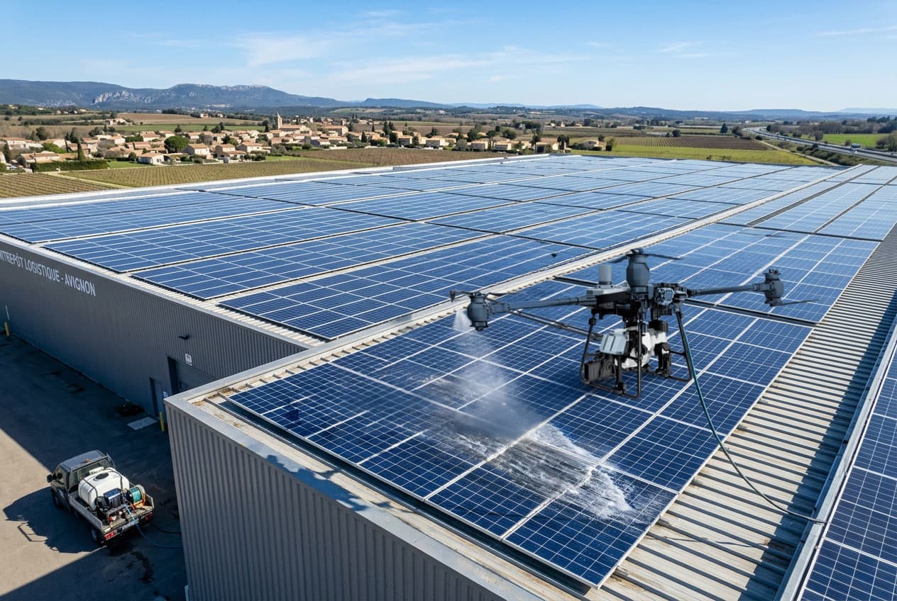 Illustration de Nettoyage de panneaux solaires par drone
