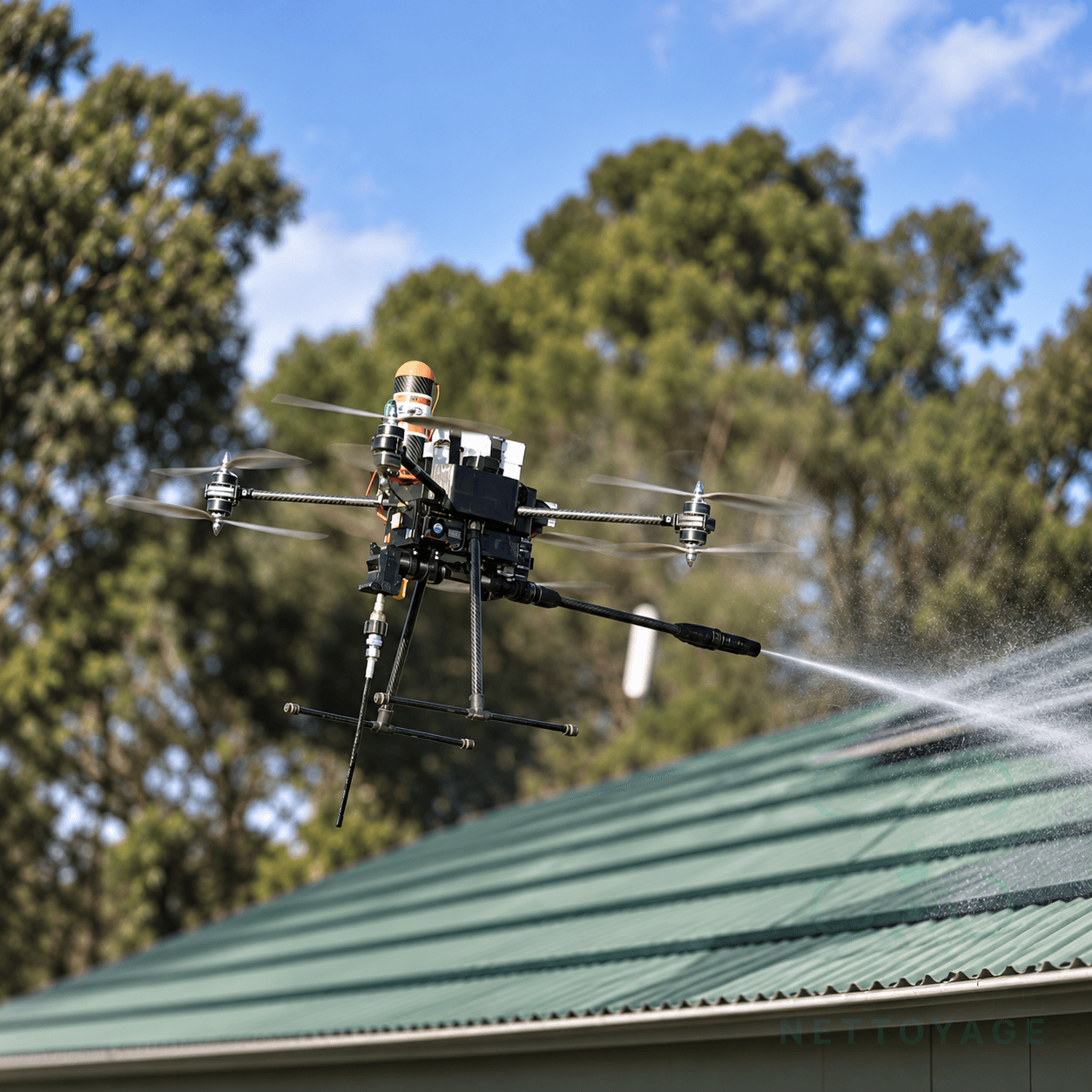 Nettoyage et démoussage basse pression de toiture en bac acier laqué vert